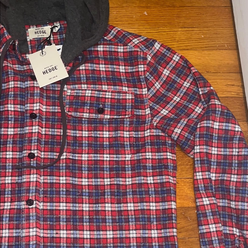🌷 Hedge Red and Blue Flannel Shirt with Charcoal Hood - Picture 3 of 9